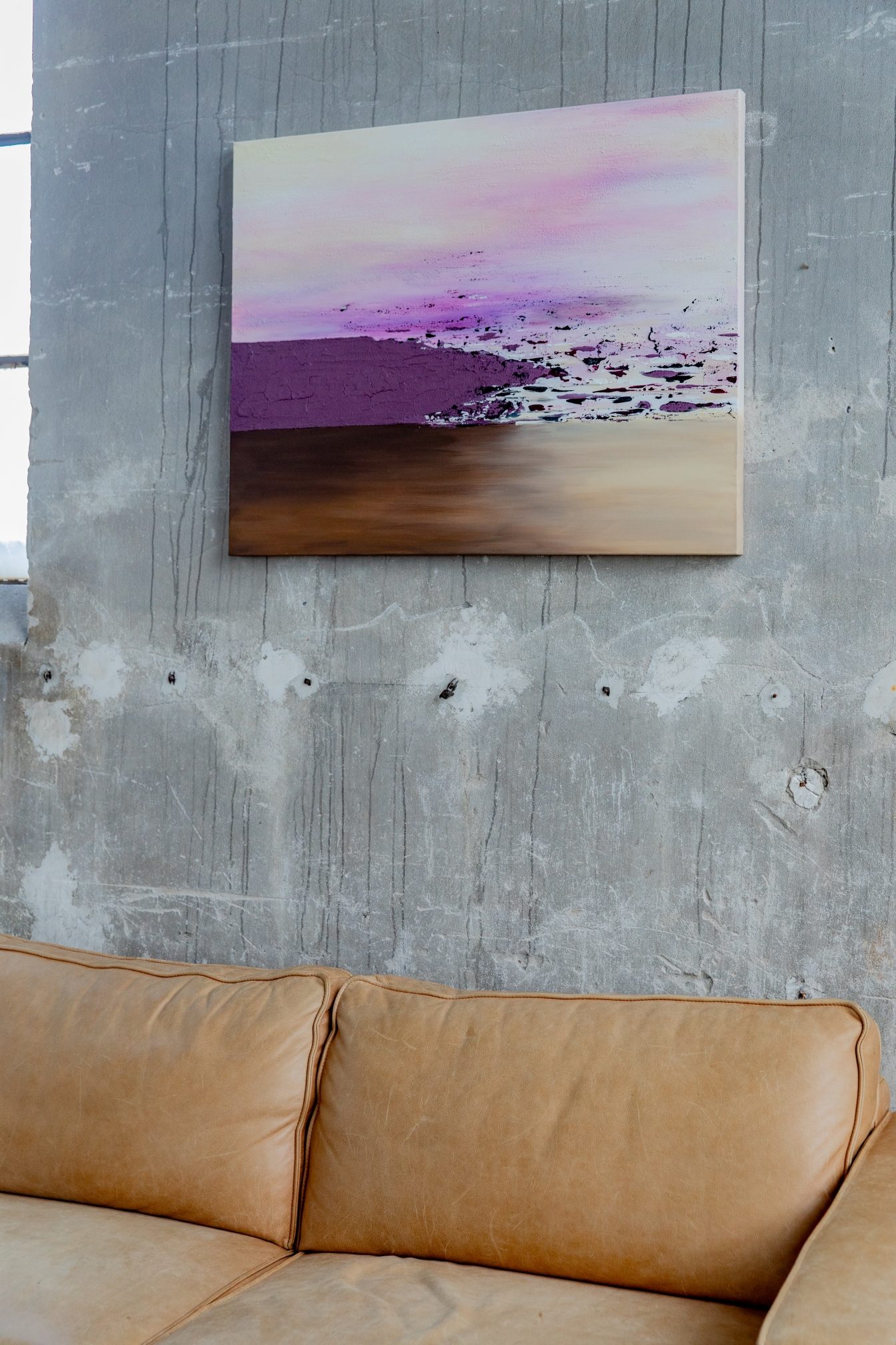 Spachtelbild „Morgentau“ in Flieder und Sand, 80 × 100 cm